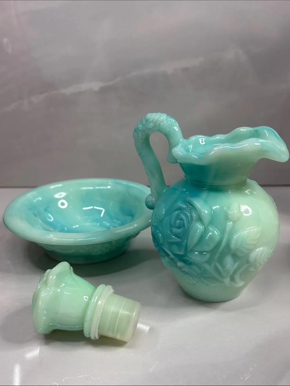 Vintage 1971 Avon Victoriana Skin So Soft Jadeite Slag Glass Pitcher & Bowl Set